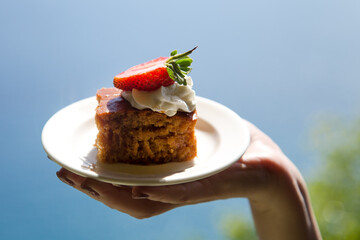 A cake with delicate white cream and large strawberries on the background blue sea.