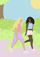 Obraz na płótnie Canvas Two girls walking in summer