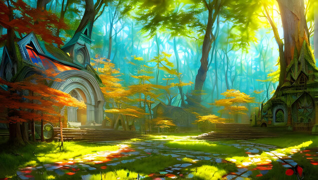 An old church in a fairytale imaginative colourful forest with intricate wall painting on a sunny day - bright colours - sunlight - painting - illustration