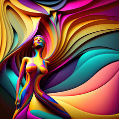 Vibrant multicolored portrayal of a mythical female figure, radiating with iridescent hues. Perfect for creative designs, digital art showcases, and modern aesthetics.  generative ai      