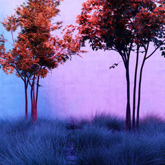 Obraz na płótnie Canvas Neon mockup on concrete wall between two trees in the exhibition courtyard. Vibrant neon colorful light. Empty minimal landscape. 3d rendering image