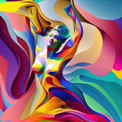 Colorful abstract art of a woman's silhouette blending with vibrant, fluid shapes, ideal for themes of femininity, diversity, and beauty  generative ai 