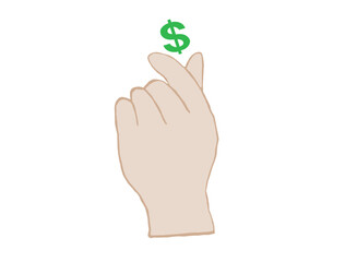 Hand with dollar symbol vector on white background, simple design of a hand and dollar.