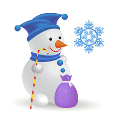 Snowman, vector image on a white background.
 Cartoon character for banner, flyer, illustrations.
