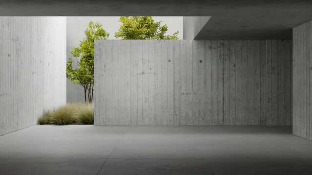 Concrete wall mockup in empty big museum space. Sun soft light. Nobody space with trees background. 3D rendering image