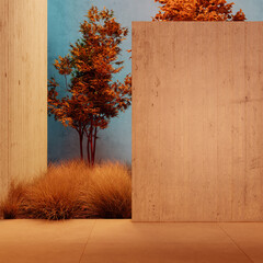 Neon concrete wall mockup close up in exhibition empty space. Soft evening light on trees and background. Minimal space. 3d rendering image