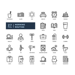 morning routine cosmetics daily activity lifestyle fresh fitness wake up detailed thin outline line icon set. simple vector illustration