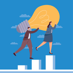business couple lifting bulb