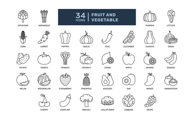fruit and vegetable fresh natural salad tropical grocery food detailed thin line outline icon set. simple vector illustration