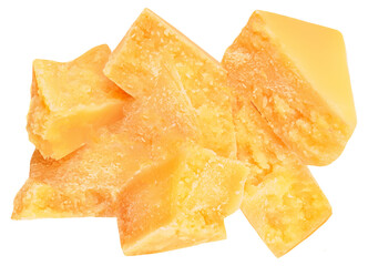 Parmesan cheese pieces  isolated on white background. Hard mature cheese Parmigiano top view, flat lay. .