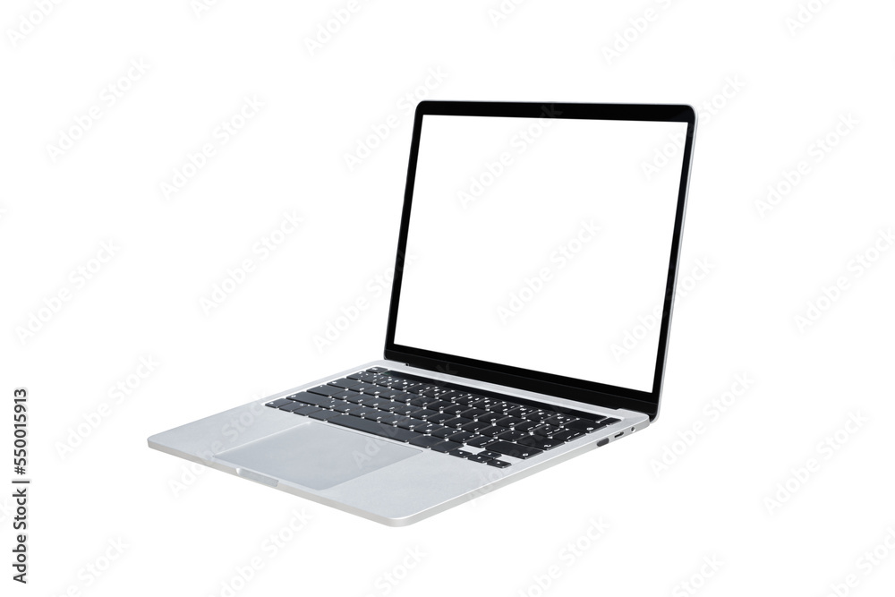 Wall mural laptop computer with blank transparent screen and background- png format.