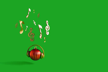 Red Christmas bauble with headphones, musical notes and violin key on a vibrant green background....