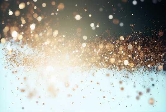 Beautiful Christmas light background. Abstract glitter bokeh and scattered sparkles in gold
