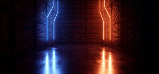 Neon-Laser-Cyber-Orange-Blau-Lichter auf mittelalterlichem Backstein Holz Grunge Tunnel Korridor Beton glänzend Zementboden Showroom Club dunkle Bühne 3D-Rendering © IM_VISUALS