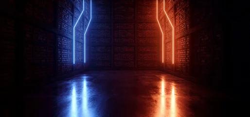 Neon-Laser-Cyber-Orange-Blau-Lichter auf mittelalterlichem Backstein Holz Grunge Tunnel Korridor Beton glänzend Zementboden Showroom Club dunkle Bühne 3D-Rendering © IM_VISUALS