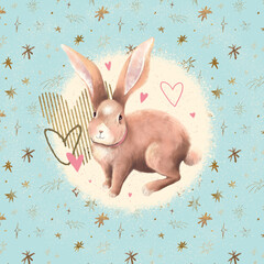 Composition with cute rabbit illustration, hearts and stars - 550018379