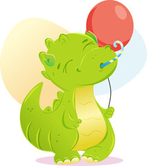 Green dinosaur with a balloon blowing a party horn