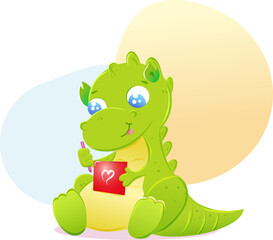 Dinosaur writes in a red notebook with a pen