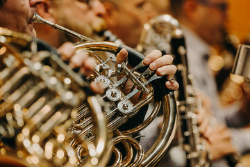 Close up of hand on the french horn during philharmonic concert, art concept