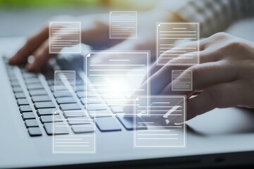 Business person works on computer laptop in office