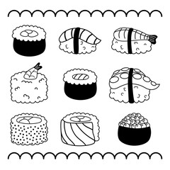 Collecton of handrawn sushi doodles