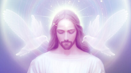 Jesus Christ with doves 3D illustration, Cover Image, Thumbnail - obrazy, fototapety, plakaty