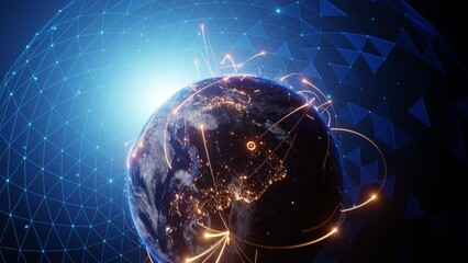 4K resolution, Tech Earth Globalization networking, orange line lights transmit data, Transfer speed data internet, triangle digital data, zoom out camera - Powered by Adobe