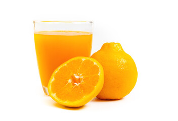 Freshness orange juice in clear glass,Orange and slice orange on white background.