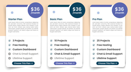 New Modern pricing table design with four colorful subscription plans. Flat infographic design template for website or presentation.