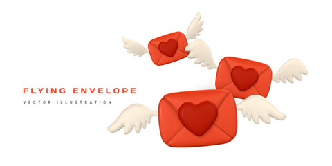 3d realistic flying mail envelope with wings and heart in cartoon minimal style. Vector illustration