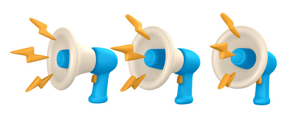 3d cartoon megaphone with lightning. Speaking trumpet. Vector illustration