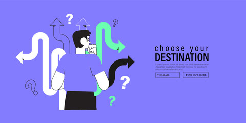 Business decision making, career path, work direction or choose the right way to success concept, confusing man or student looking at crossroad sign with question mark and think which way to go.