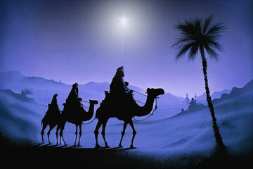 Biblical illustration series, nativity scene of The Holy Family and three wise men. Christmas theme.nativity, Jesus three wise men riding camel.