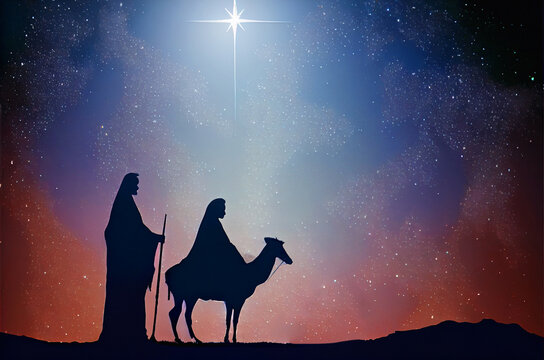 illustration Christmas nativity neon scene of born child baby Jesus Christ in the manger with Joseph and Mary Christmas Nativity Scene banner background Jesus in the Christmas with Mary and Joseph.