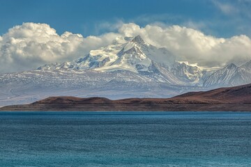 Pekucuo lake and Shishapangma snow mountain group in Xigaze, Tibet, China