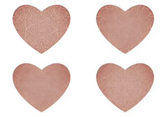 Set of 4 heart shaped valentine's cards. 2 with pattern, 2 with copy space. Pale pink background and light beige pattern on it. Cloth texture. Hearts size about 8x7 inch / 21x18 cm (p02-2ab)