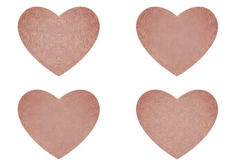 Set of 4 heart shaped valentine's cards. 2 with pattern, 2 with copy space. Pale pink background and light beige pattern on it. Cloth texture. Hearts size about 8x7 inch / 21x18 cm (p03ab)