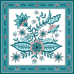 Flower chintz indian pattern vector scarf print. Botanical batik square carpet design. Paisley background. Square floral motif for silk fabric, woman clothing, rug, bandana, poster, ceramic tile.