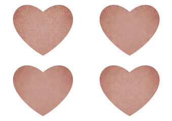 Set of 4 heart shaped valentine's cards. 2 with pattern, 2 with copy space. Pale pink background and light beige pattern on it. Cloth texture. Hearts size about 8x7 inch / 21x18 cm (p07-1ab)