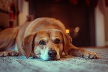 Rescue dog (lab / beagle) waiting on Christmas