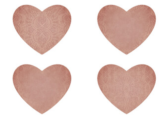 Set of 4 heart shaped valentine's cards. 2 with pattern, 2 with copy space. Pale pink background and light beige pattern on it. Cloth texture. Hearts size about 8x7 inch / 21x18 cm (p09ab)