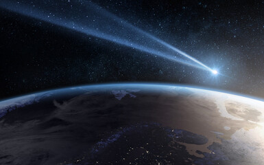 Comet, asteroid, meteorite flying to the planet Earth.  Glowing asteroid and tail of a falling comet threatening the safety of the Earth.  Elements of this image furnished by NASA.