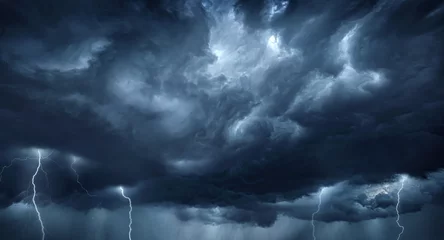 Poster Thunderous dark sky with black clouds and flashing lightning. Panoramic view. Concept on the theme of weather, natural disasters, storms, typhoons, tornadoes, thunderstorms, lightning, lightning. © Tryfonov