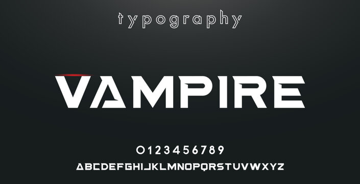 VAMPIRE Sports minimal tech font letter set. Luxury vector typeface for company. Modern gaming fonts logo design.