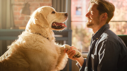 Young Adult Man Having Fun, Training His Golden Retriever Pet on a Living Room Floor. Handsome Happy Dog Owner Training with Animal, Shaking Dog's Paw. Human's Best Fluffy Friend.