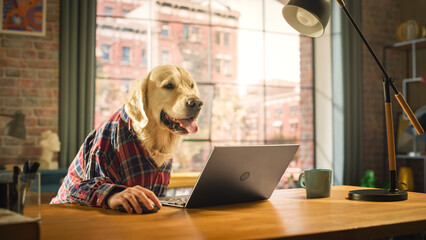 Golden Retriever Dog in a Checkered Shirt Sitting Behind a Table and Working on Laptop Computer at...