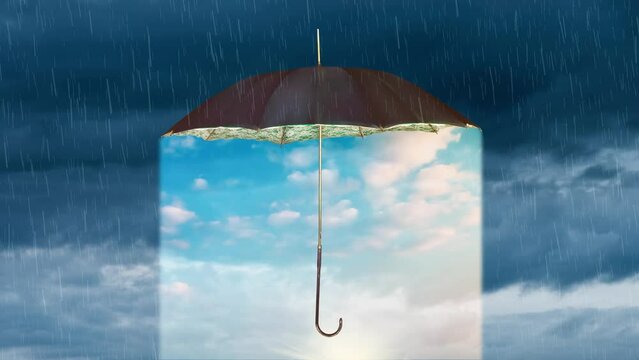 Concept of storm and heavy rain with a vintage umbrella revealing a blue sky with rising sun