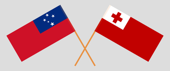 Crossed flags of Samoa and Tonga. Official colors. Correct proportion