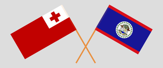Crossed flags of Tonga and Belize. Official colors. Correct proportion