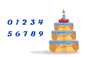 Cartoon birthday cake with a candle. Vector birthday candles set in the form of all numbers